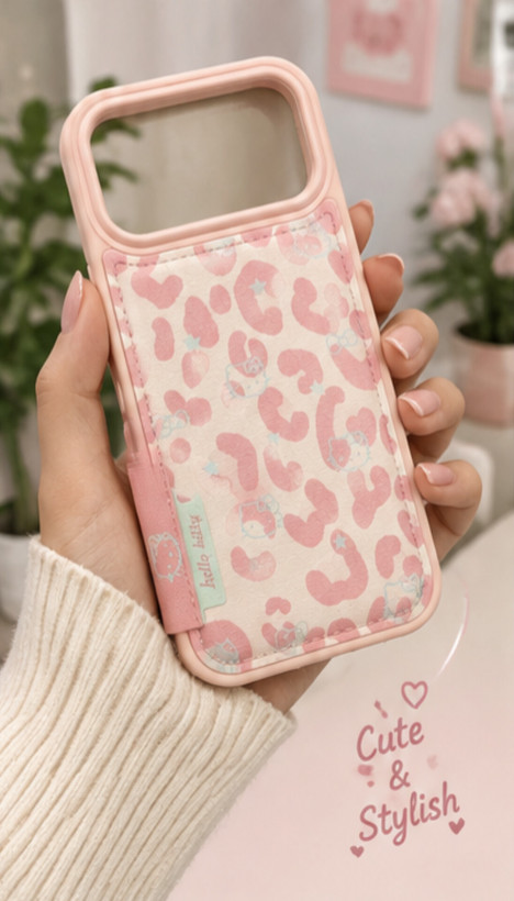 قاب موبایل پلنگی چرمی طرح Hello Kitty | قاب فانتزی دخترانه صورتی